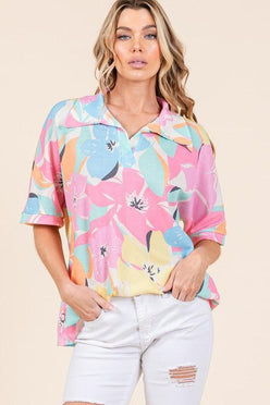 BOMBOM Floral Collared Neck Half Sleeve Top - DAVERRI FASHIONS