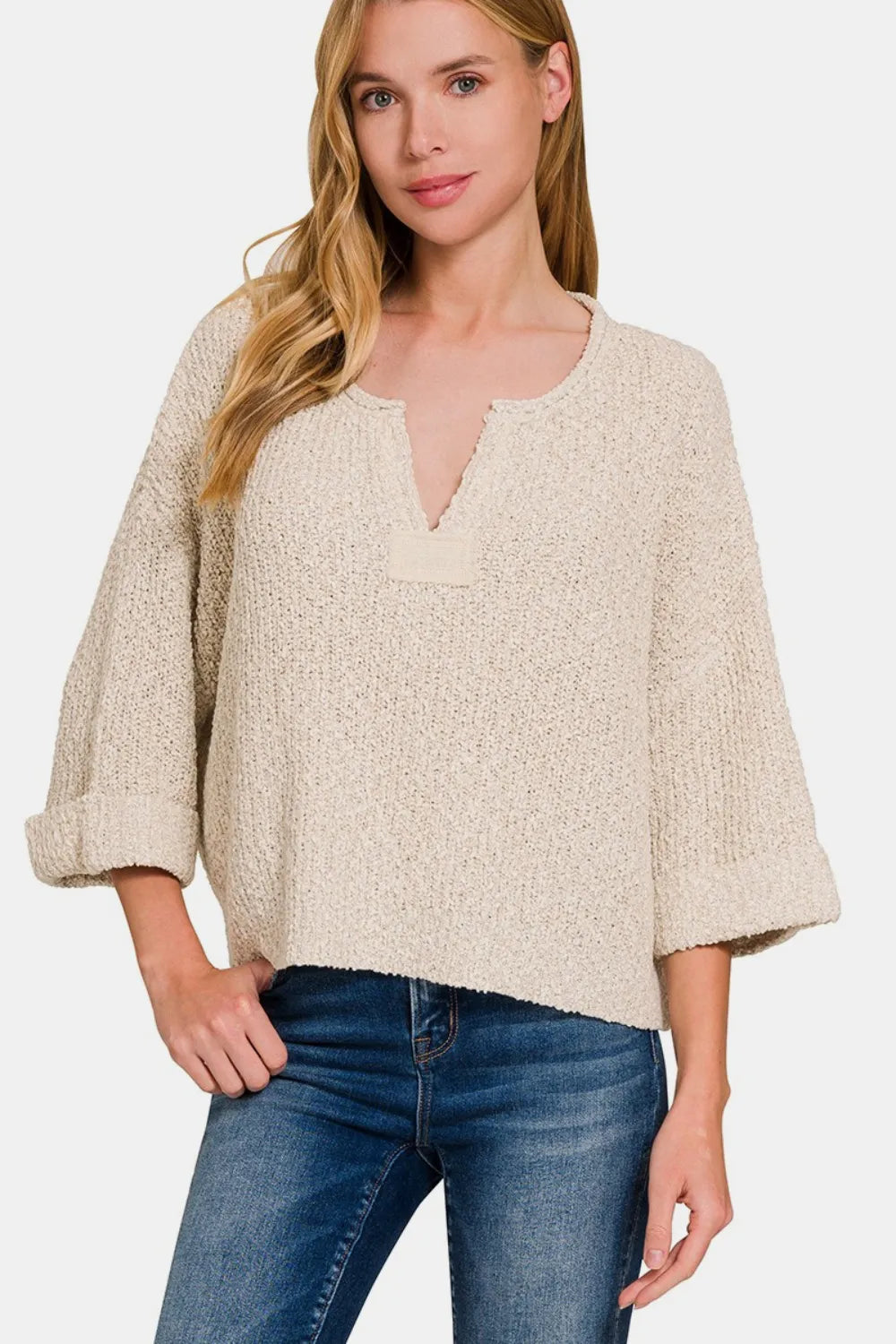 H Sand Beige Zenana Notched Side Slit Patch Sweater | Daverri Fashions