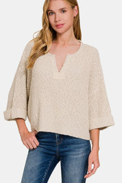 H Sand Beige Zenana Notched Side Slit Patch Sweater | Daverri Fashions