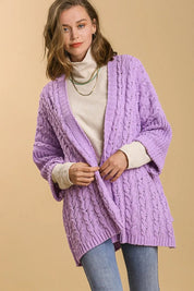 Lilac Umgee Full Size Cable Knit Open Front Long Sleeve Cardigan | Cardigans Daverri Fashions