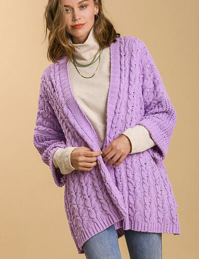 Umgee Full Size Cable Knit Open Front Long Sleeve Cardigan Lilac