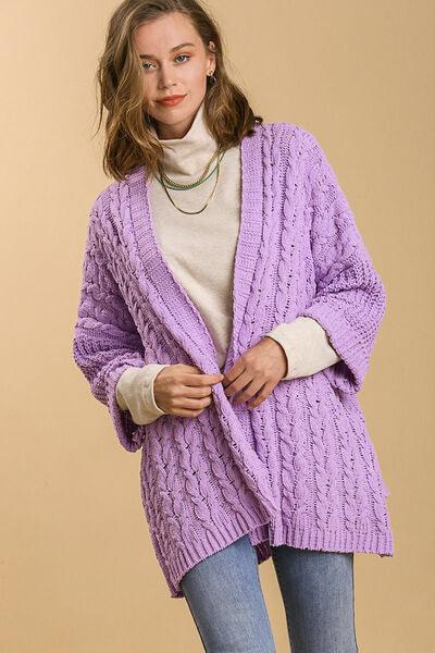 Umgee Full Size Cable Knit Open Front Long Sleeve Cardigan Lilac 1XL 2XL Cardigans