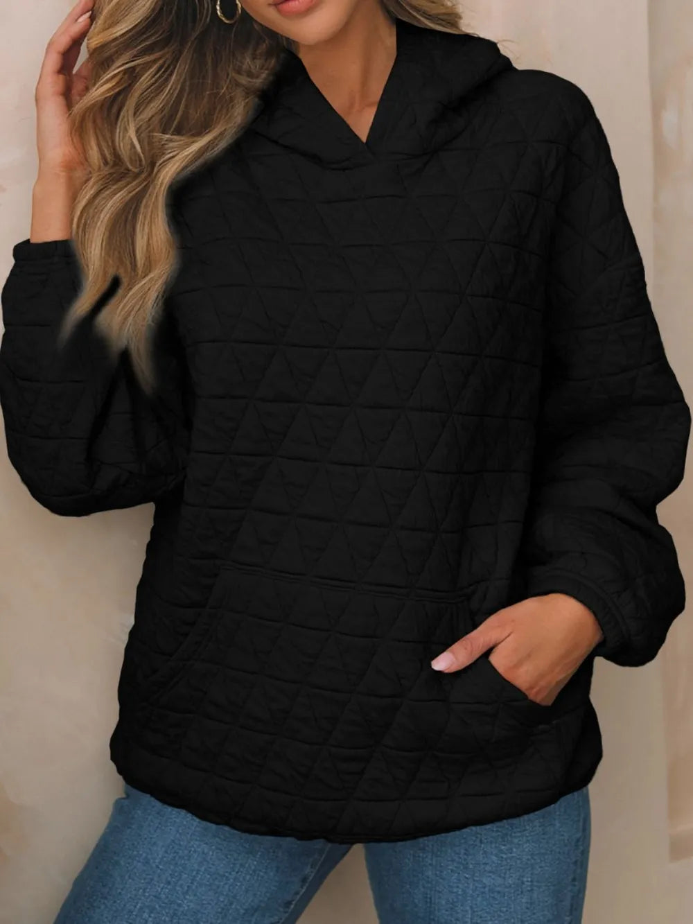 Black Textured Long Sleeve Hoodie with Pockets | Hoodies Daverri Fashions