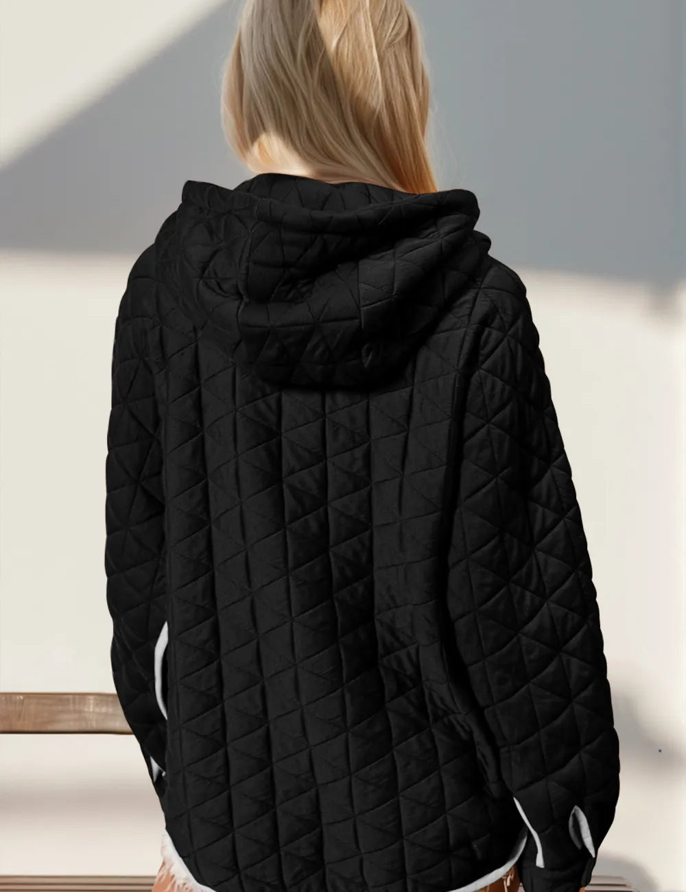 Contrast Trim Long Sleeve Half Snap Texture Hoodie with Pocket | Hoodies Daverri Fashions