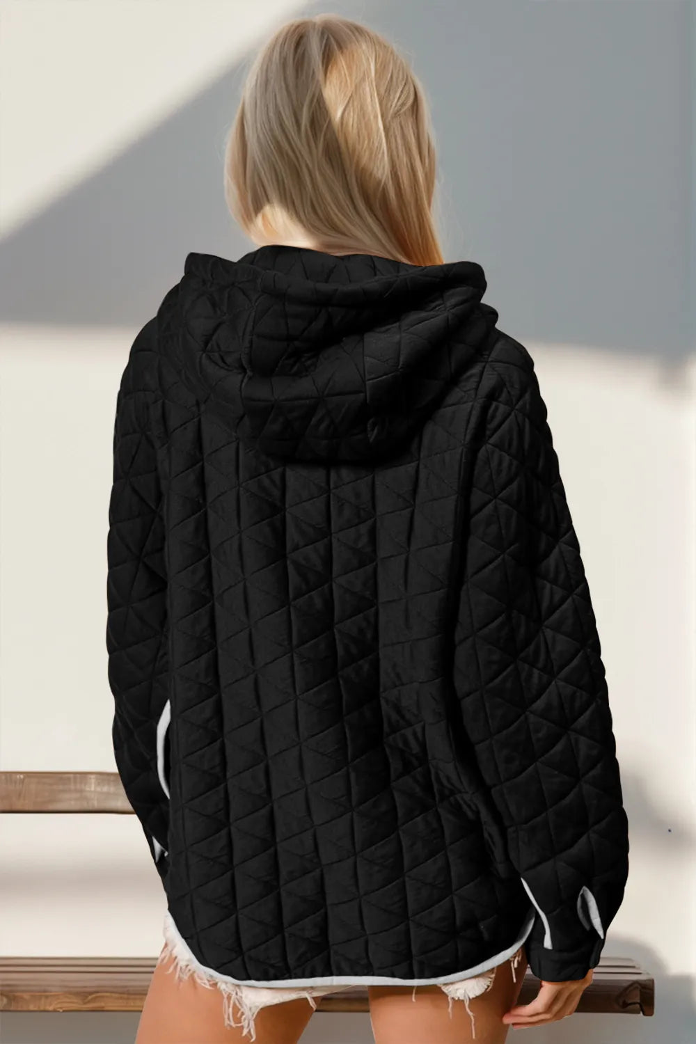 Contrast Trim Long Sleeve Half Snap Texture Hoodie with Pocket | Hoodies Daverri Fashions