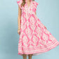 Umgee Leaf Print Tiered Midi Dress with Pockets, pink white leaf pattern