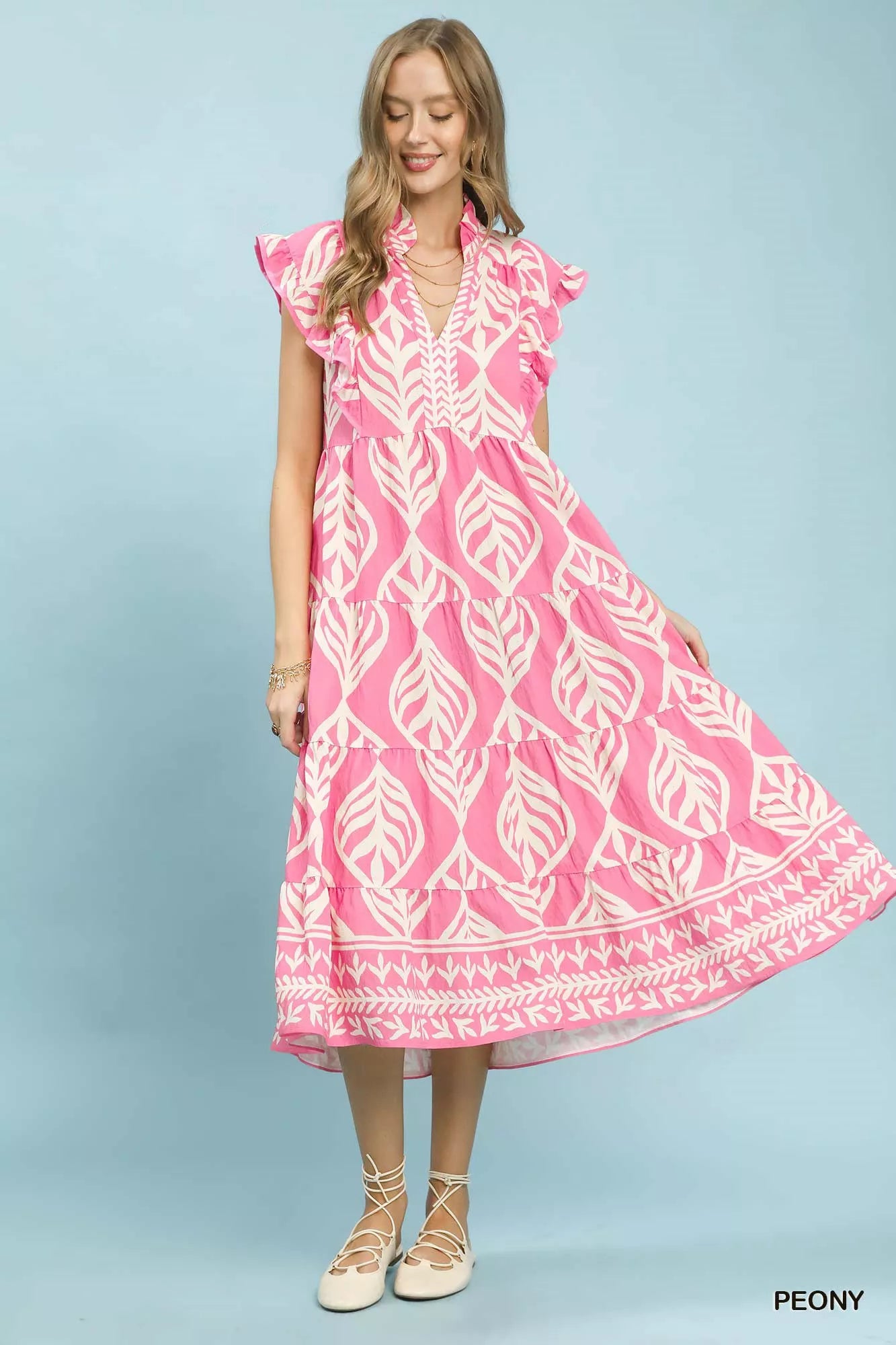 Umgee Leaf Print Tiered Midi Dress with Pockets, pink white leaf pattern