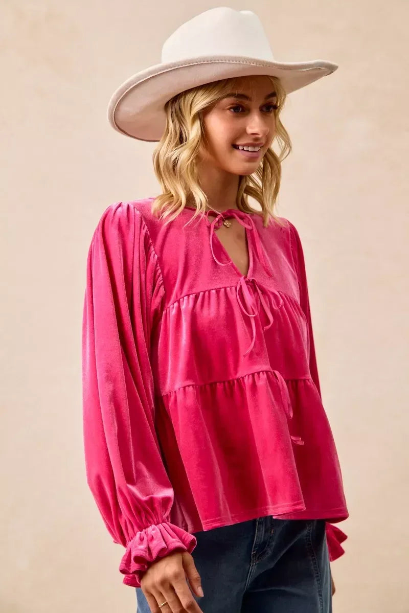 BiBi Christmas Theme Velvet Bow Tied Blouse - DAVERRI FASHIONS