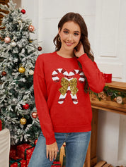 Sequin Candy Cane Round Neck Long Sleeve Sweater | Sweaters Daverri Fashions