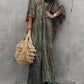 Olive-green tie-dye V-neck maxi kaftan with geometric pattern and flowy sleeves