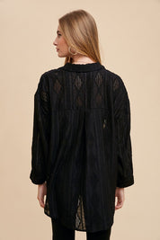 Annie Wear Openwork Button Down Drop Shoulder Shirt Tops