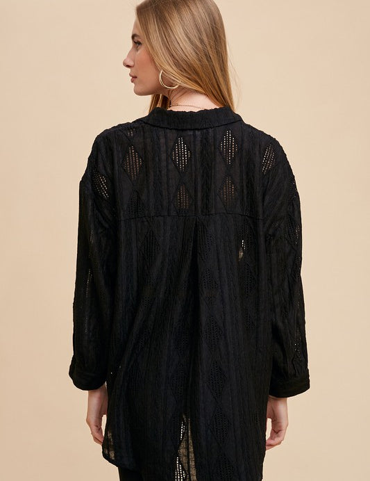 Annie Wear Openwork Button Down Drop Shoulder Shirt Tops