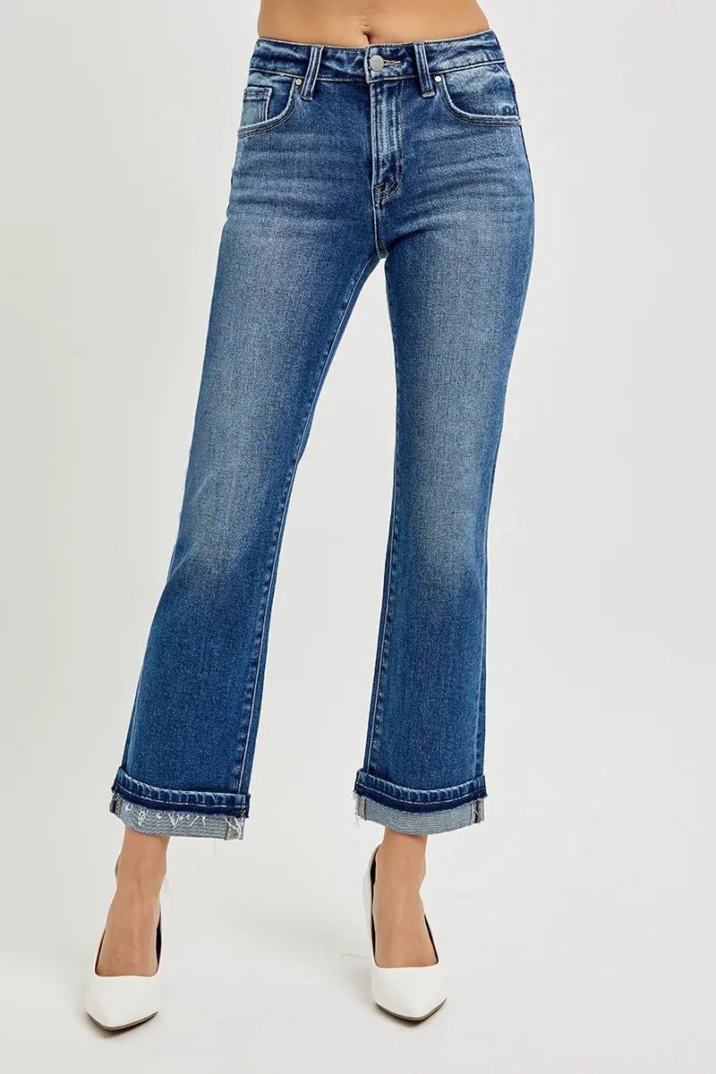 RISEN Mid Rise Ankle Straight Cuffed Jeans | Jeans Daverri Fashions