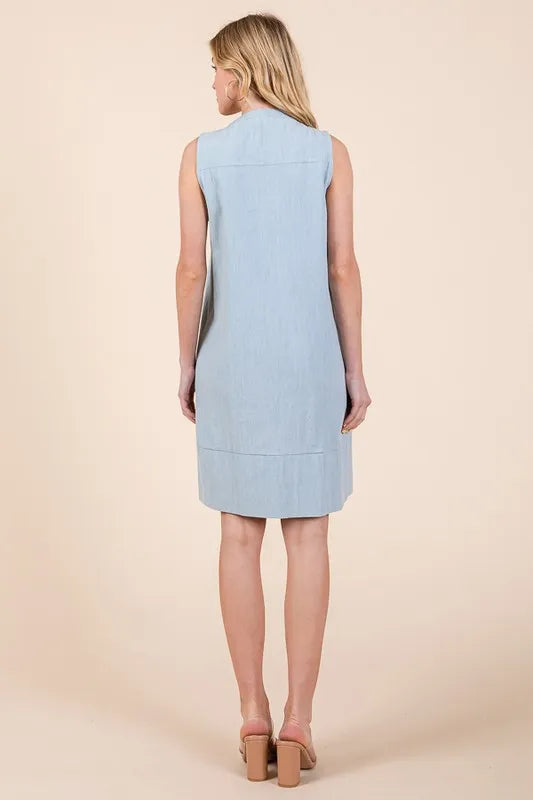 Lime N Chili sleeveless light blue denim pintuck midi dress