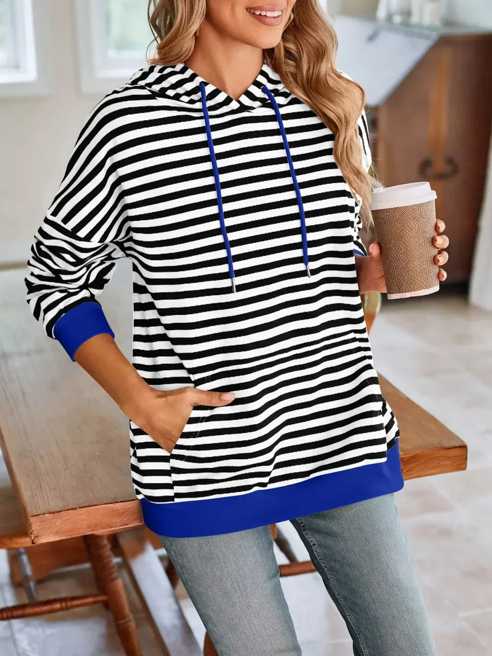 Lovelet Drawstring Striped Long Sleeve Hoodie - DAVERRI FASHIONS