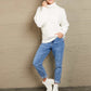 White Daverri turtleneck balloon sleeve rib-knit pullover sweater
