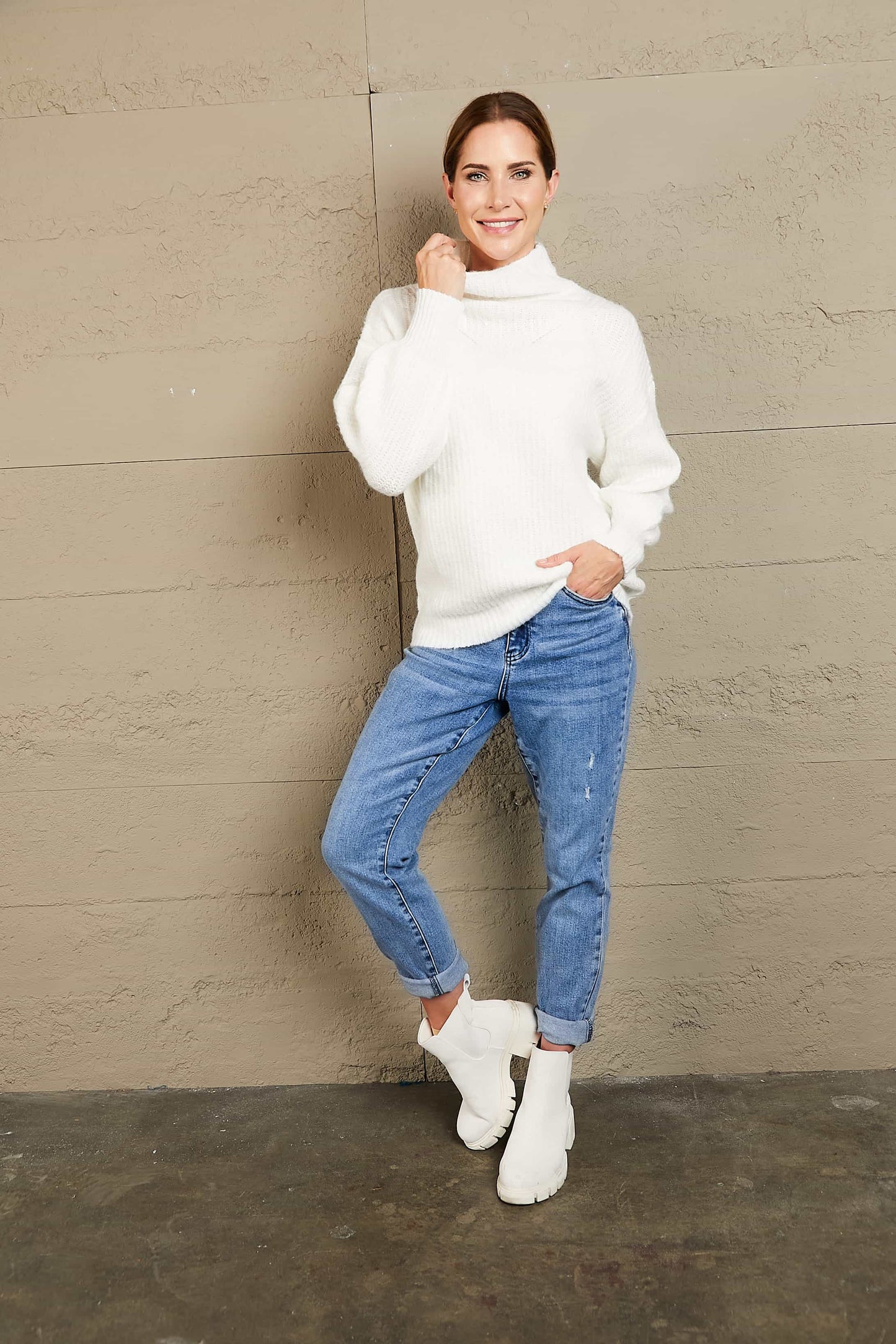 White Daverri turtleneck balloon sleeve rib-knit pullover sweater