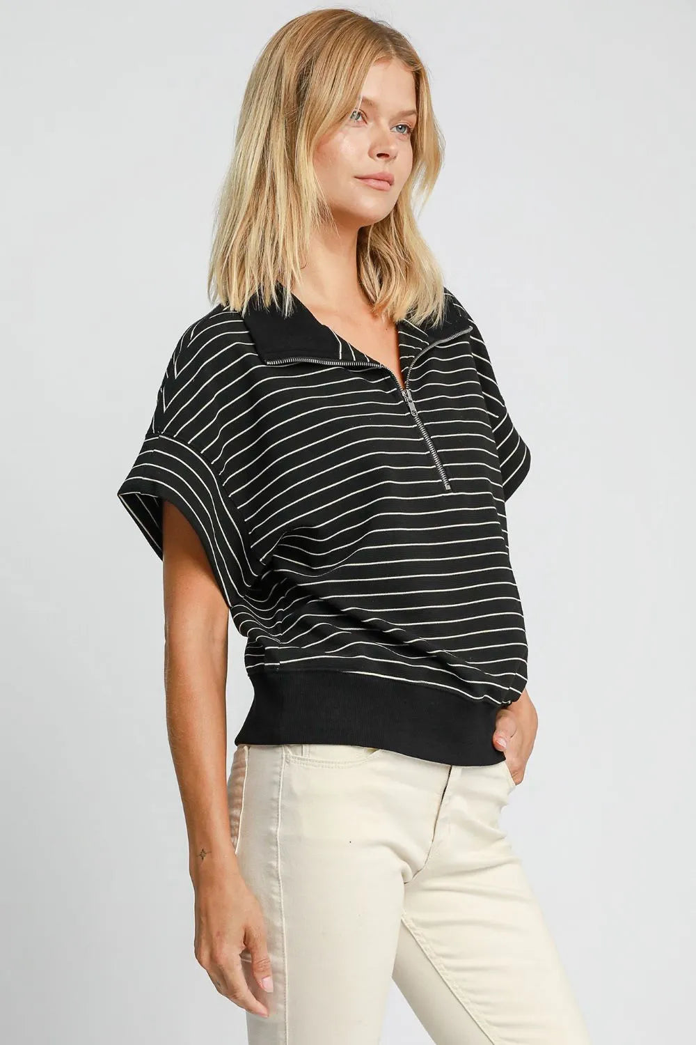 Umgee Striped Half Zip Short Sleeve Sweatshirt Sweatshirts