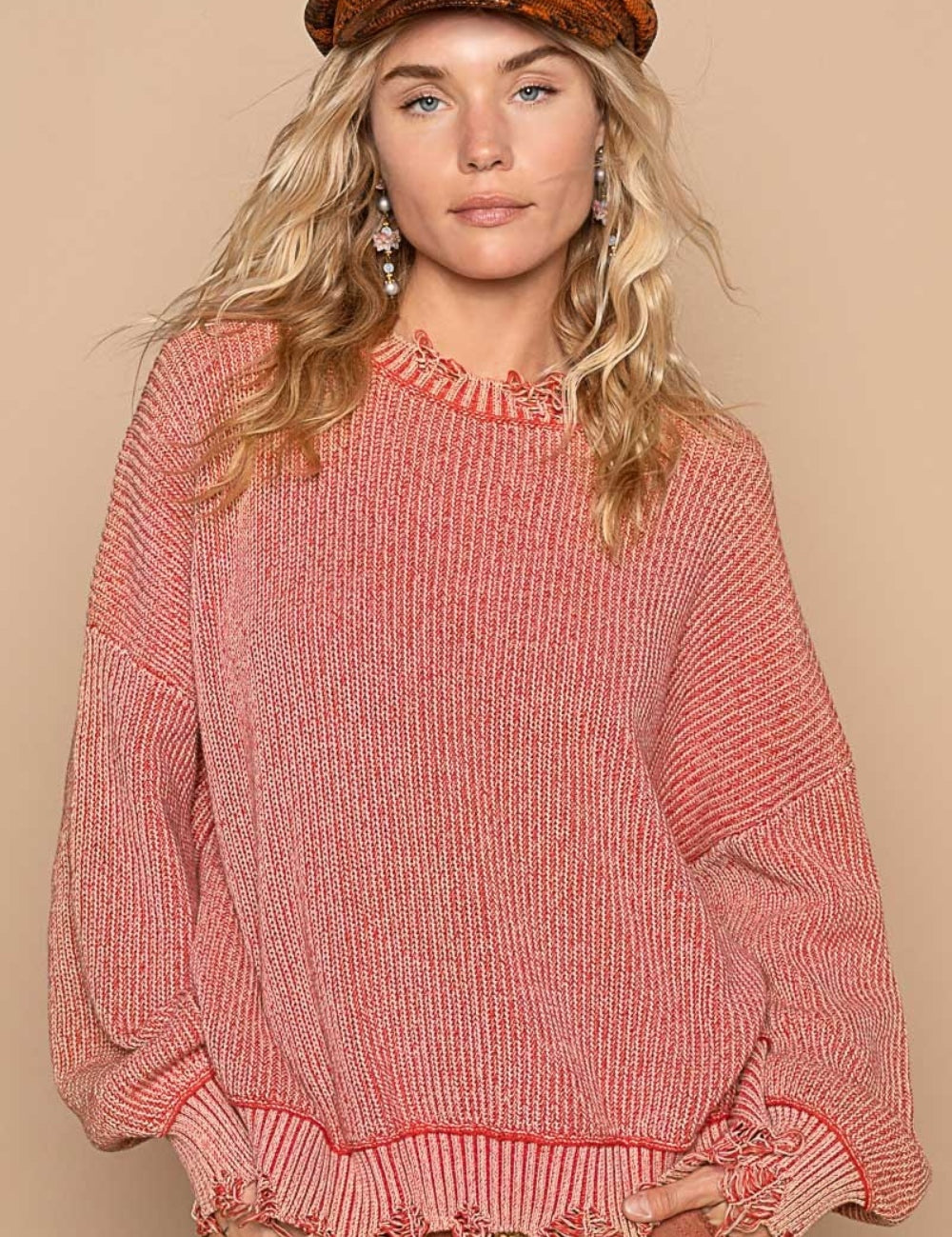 POL Distressed Washed Drop Shoulder Sweater Red Brick S