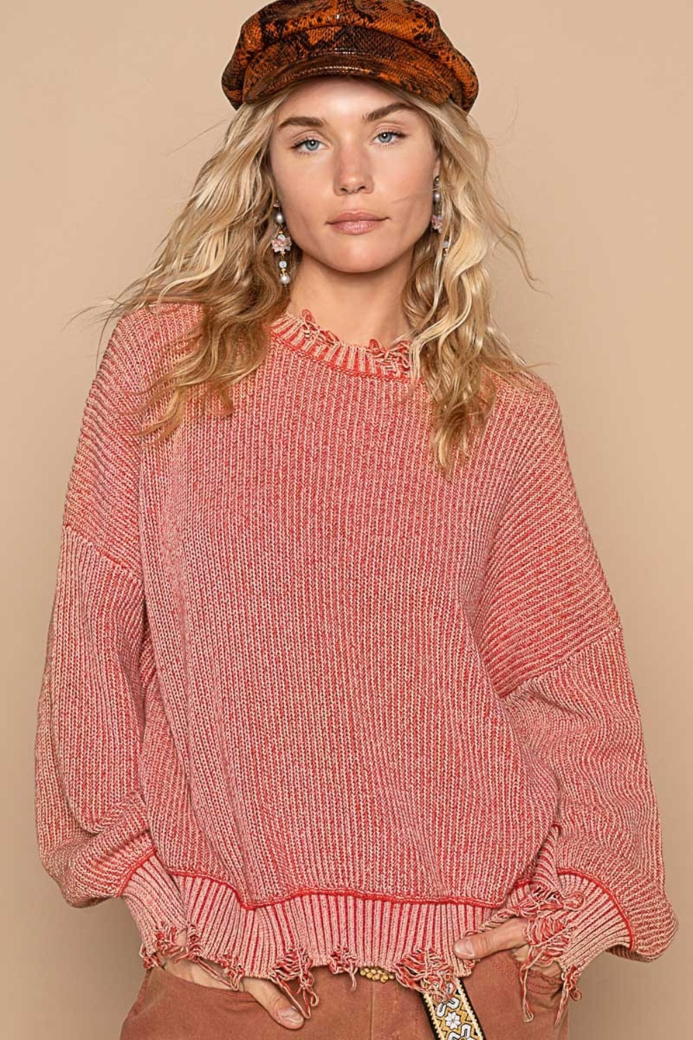 POL Distressed Washed Drop Shoulder Sweater Red Brick