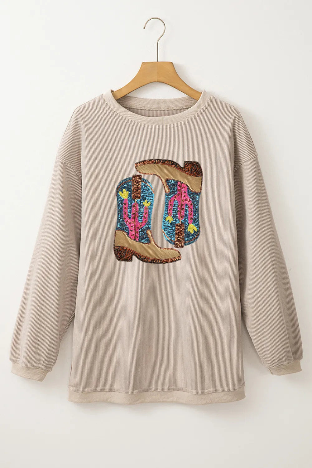 Full Size Sequin Boots Round Neck Long Sleeve Sweatshirt | Sweatshirts Daverri Fashions