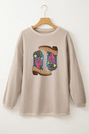 Full Size Sequin Boots Round Neck Long Sleeve Sweatshirt | Sweatshirts Daverri Fashions