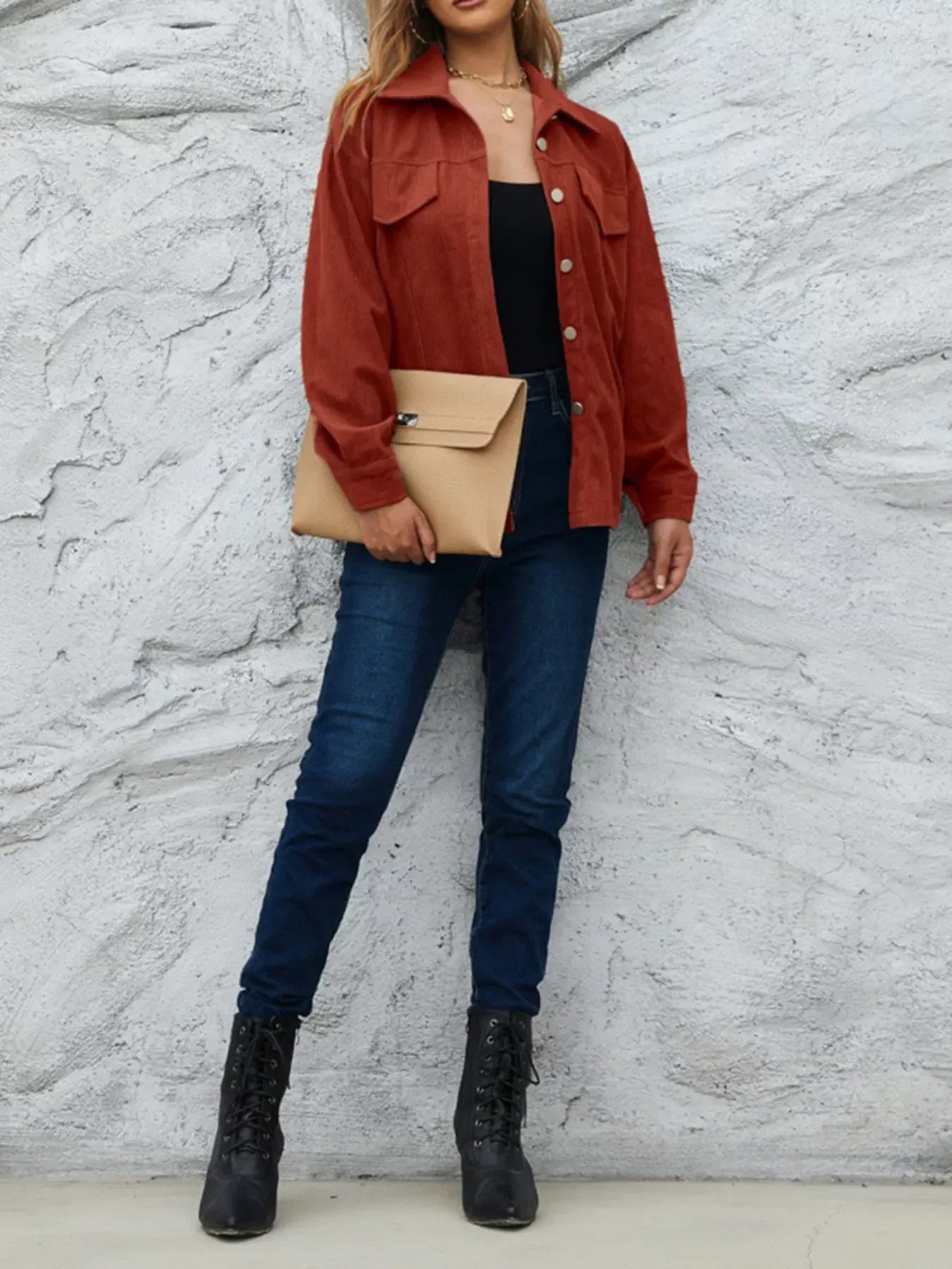 Corduroy Button-Down Shacket - DAVERRI FASHIONS