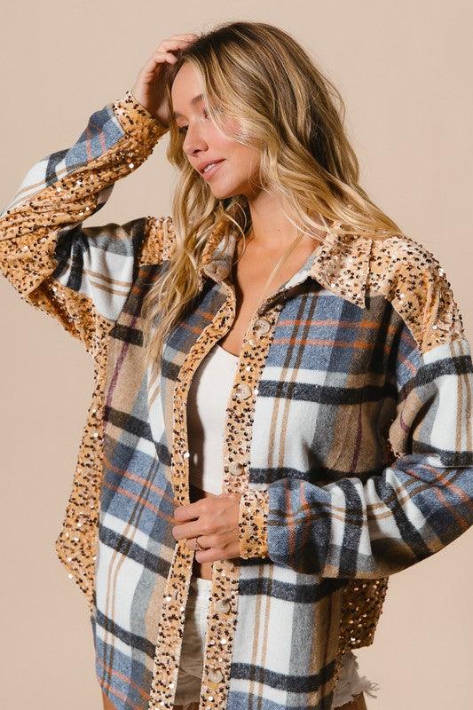 BiBi Curved Hem Sequin Plaid Button Up Shacket Jackets