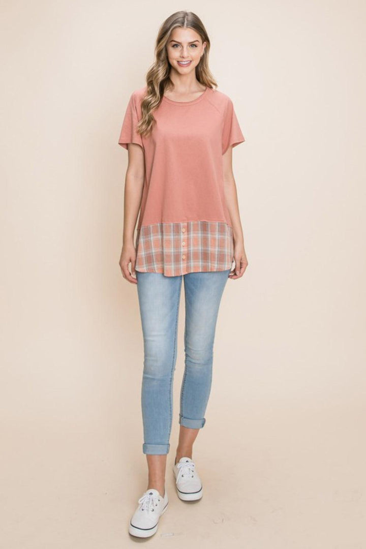 Cotton Bleu Plaid Contrast Short Sleeve T-Shirt Shirts & Tops