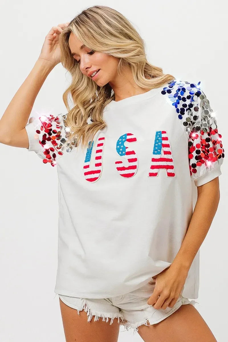 BiBi American Flag Theme Sequin Top - DAVERRI FASHIONS