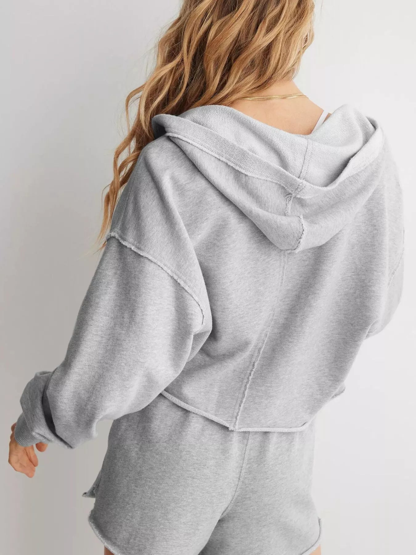 Gray Exposed Seam Dropped Shoulder Hoodie with frayed hem