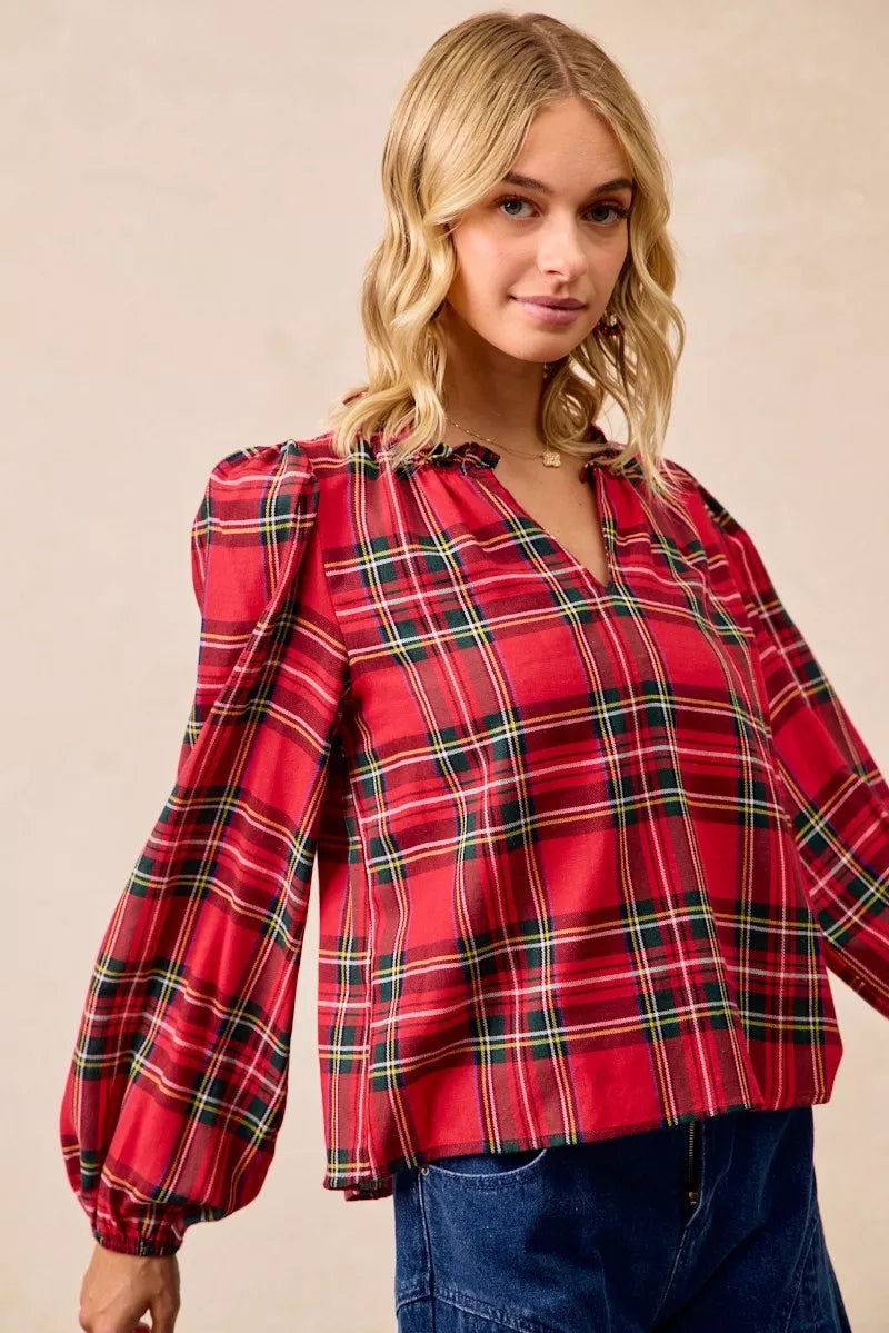 BiBi Christmas Plaid Balloon Sleeves Ruffled V-Neck Top | Daverri Fashions