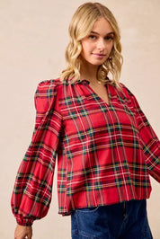 BiBi Christmas Plaid Balloon Sleeves Ruffled V-Neck Top | Daverri Fashions