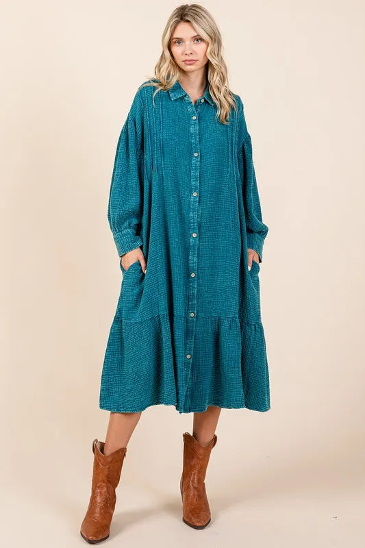 Mittoshop Mineral Wash Cotton Gauze Ruffle Midi Shirt Dress Midi Dresses
