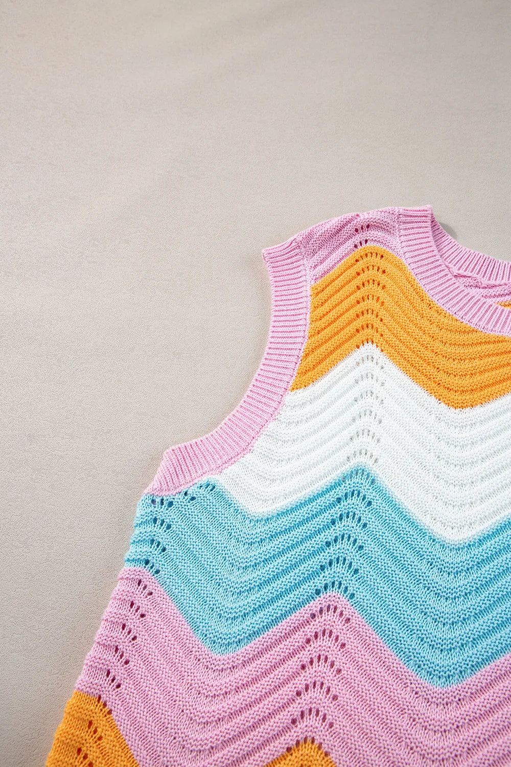 Pastel rainbow crochet vest in zigzag pattern with ribbed edges by Daverri Fashions