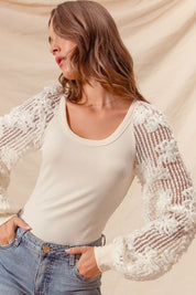 SO ME Rib Knit Top with Lace Balloon Sleeves | Knit Tops Daverri Fashions