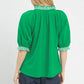 Umgee French Terry Collared Top in green with puffed sleeves and ruffled collar