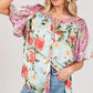 SAGE+FIG Plus Size Floral Mineral Wash French Terry Button Up Shirt SKY BLUE 2XL