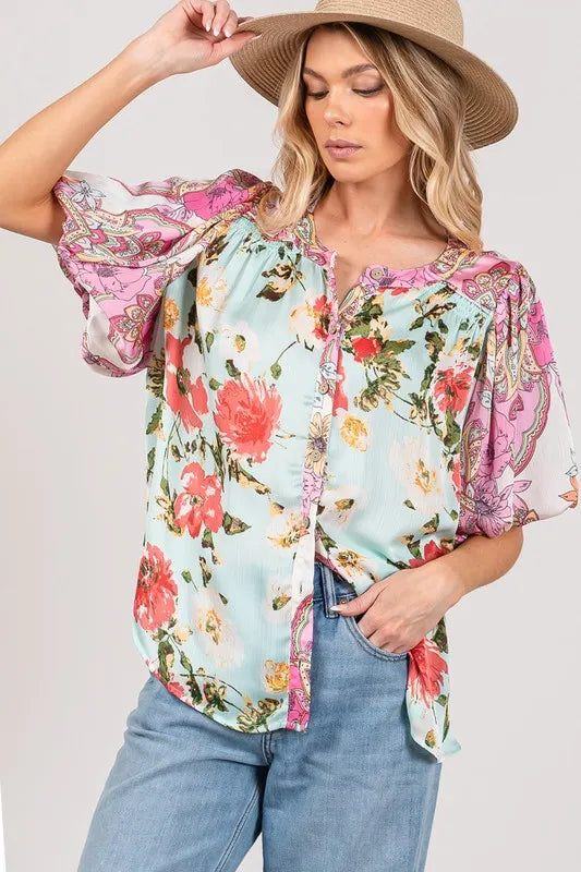 SAGE+FIG Plus Size Floral Mineral Wash French Terry Button Up Shirt SKY BLUE 2XL