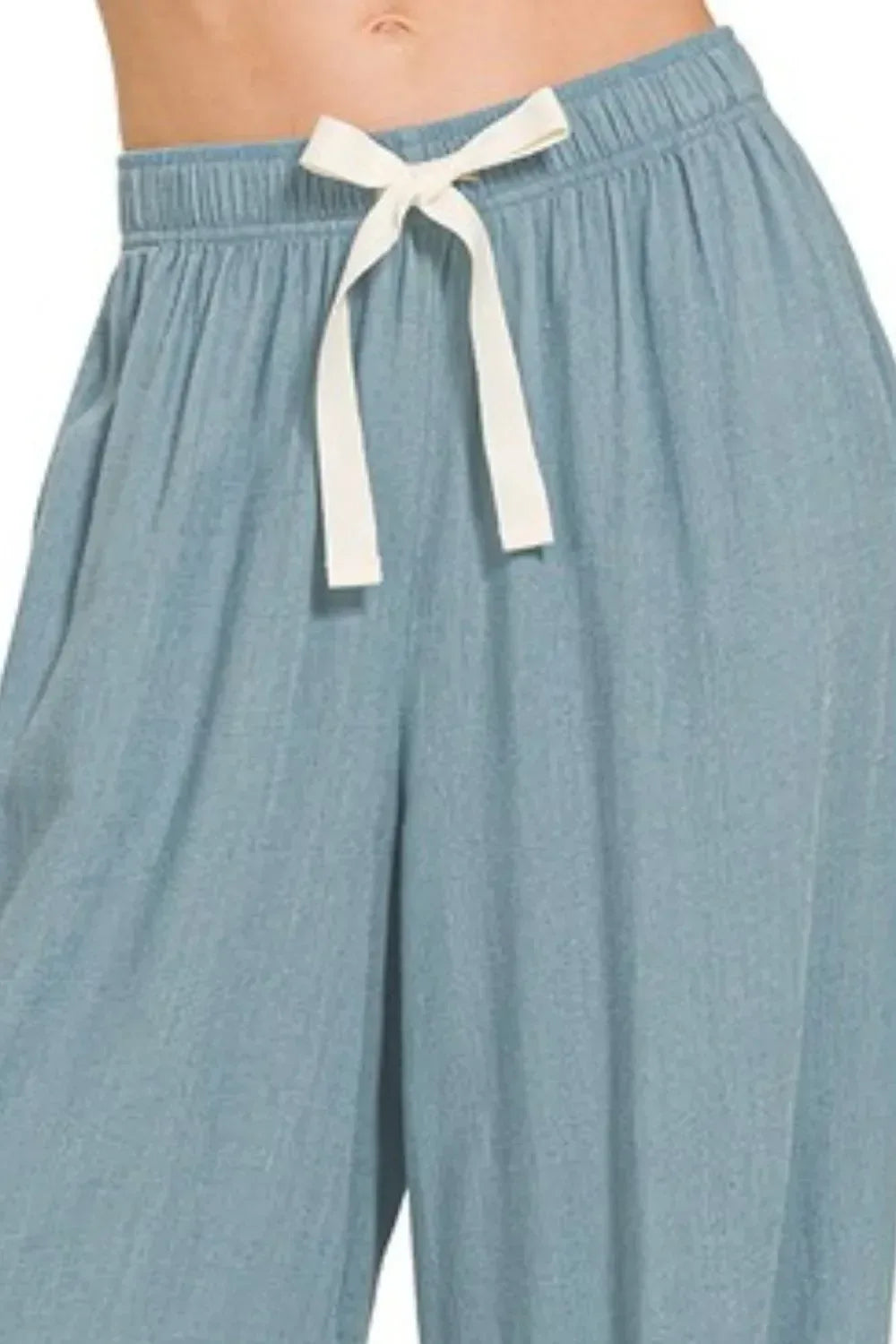 Zenana Linen Drawstring Pants Blue Grey - DAVERRI FASHIONS