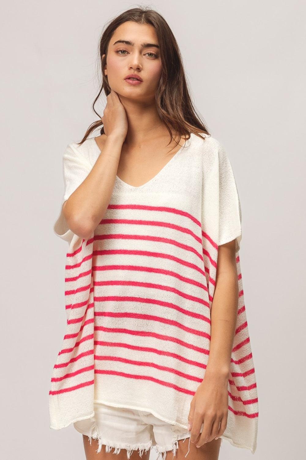 BiBi V Neck Striped Short Sleeve Top Shirts & Tops