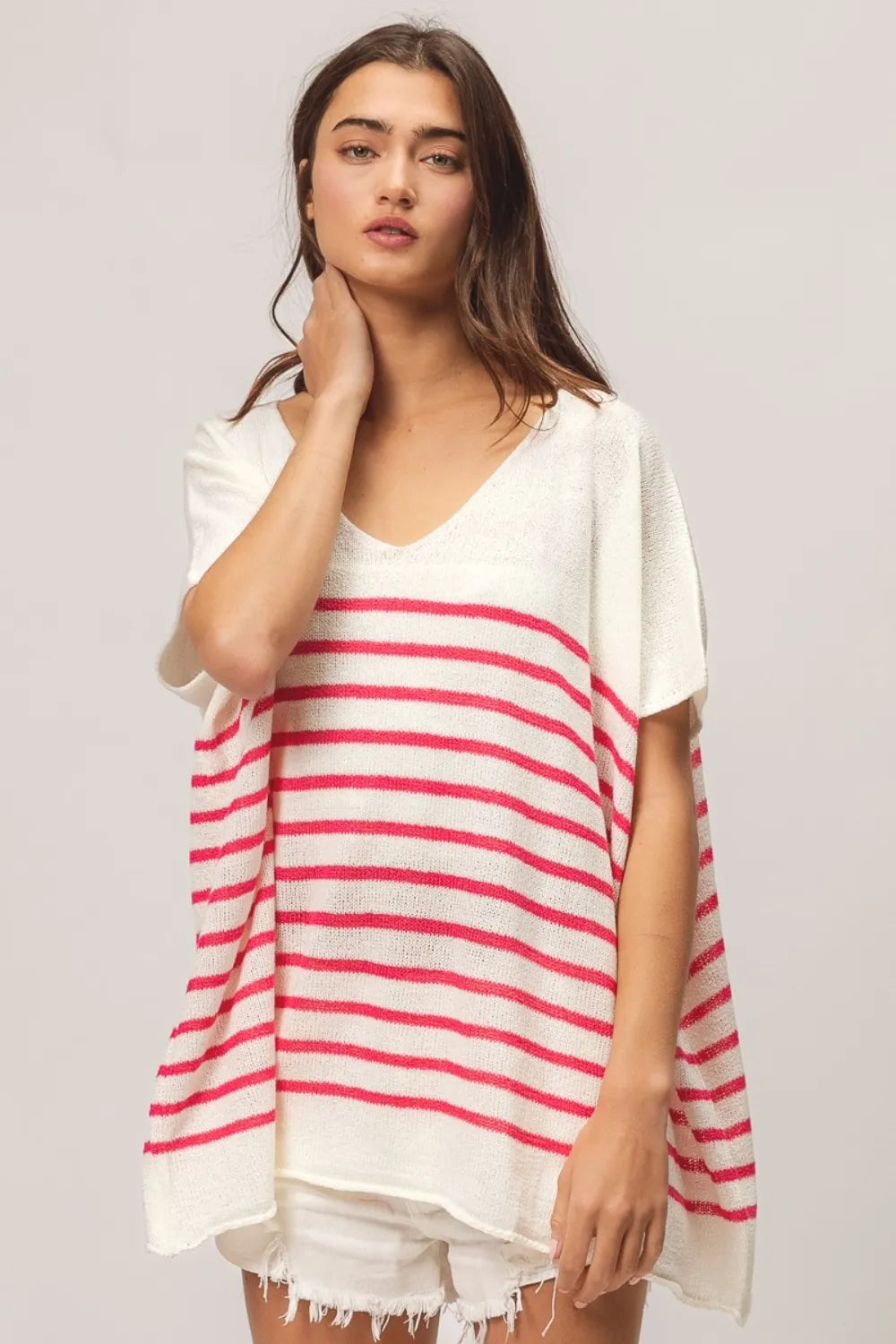 BiBi V Neck Striped Short Sleeve Top Tops