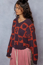 POL V-Neck Heart Pattern Checkered Sweater | Sweaters Daverri Fashions