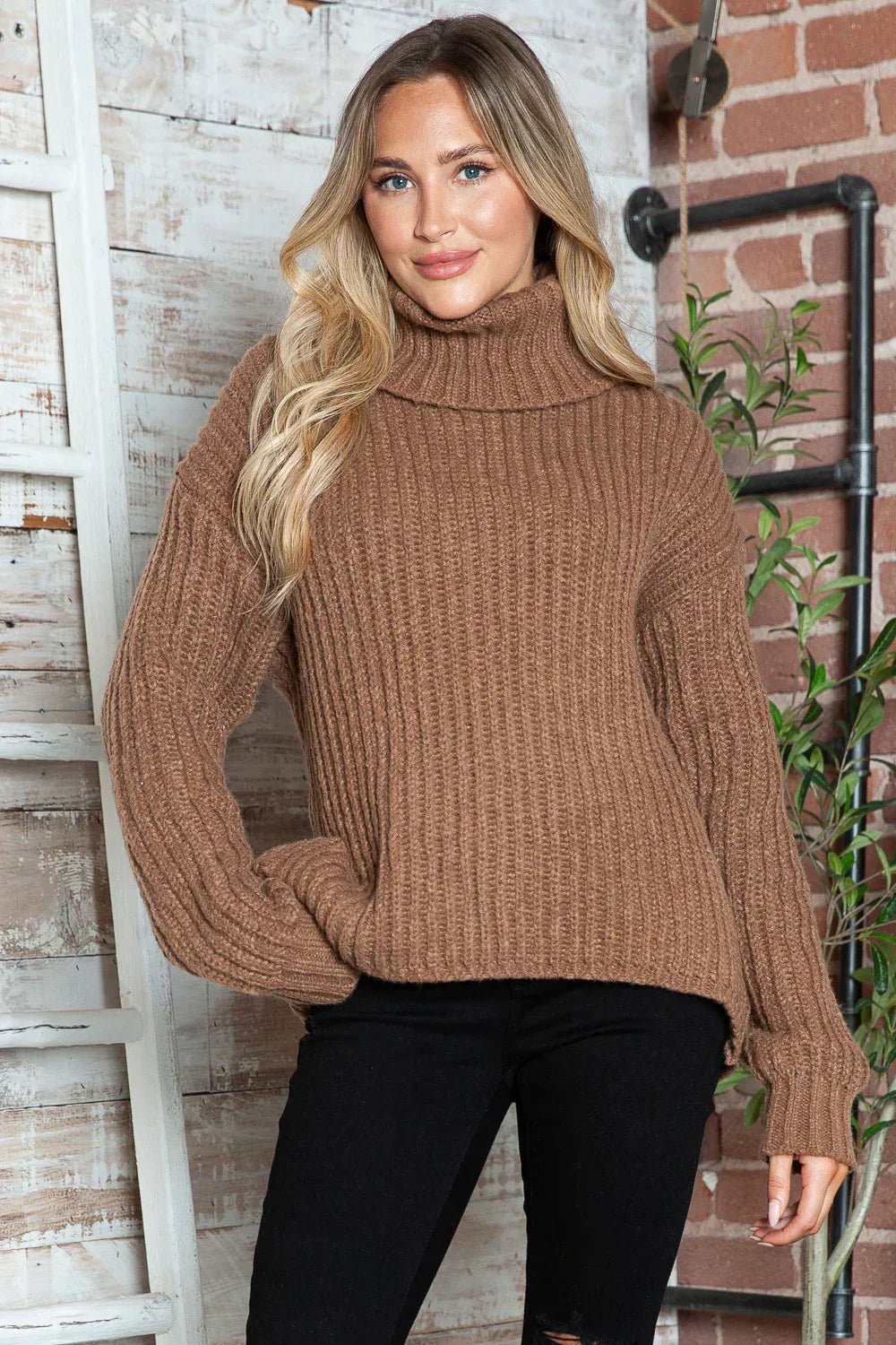 Turtleneck Dropped Shoulder Pullover Sweater Brown - DAVERRI FASHIONS