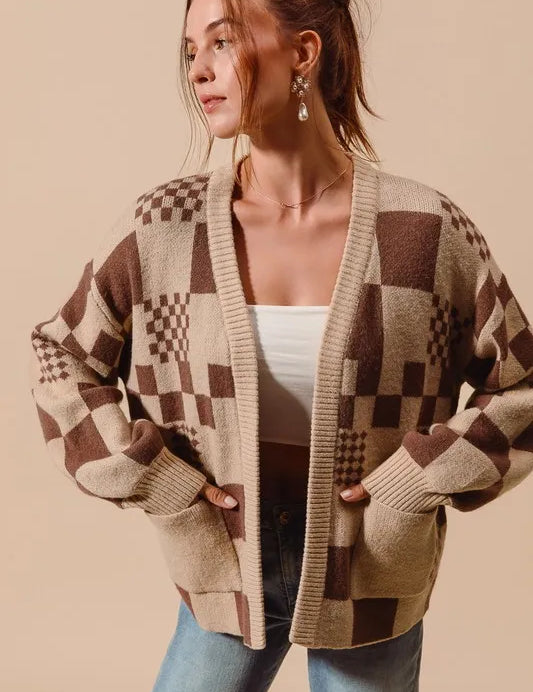 OATMEAL MOCHA SO ME Checkered Open Front Cardigan with Pockets | Daverri Fashions