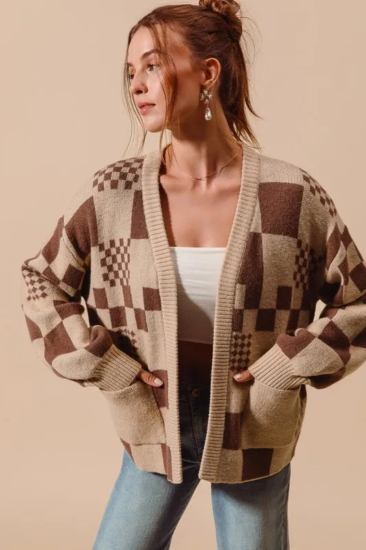 SO ME Checkered Open Front Cardigan with Pockets OATMEAL MOCHA
