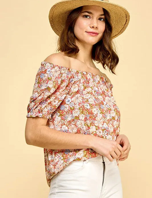 Lime 'N' Chili Floral Print Short Sleeve Off-The-Shoulder Blouse | Daverri Fashions