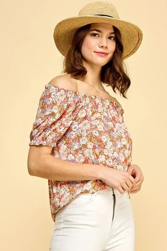 Lime 'N' Chili Floral Print Short Sleeve Off-The-Shoulder Blouse - DAVERRI FASHIONS