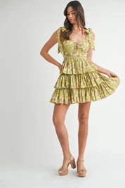 MABLE Floral Print Shoulder Tie Layered Mini Dress | Mini Dresses Daverri Fashions