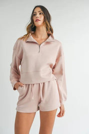 Pink S MABLE Half Zip Sweatshirt and Shorts Set | Outfit Sets Daverri Fashions